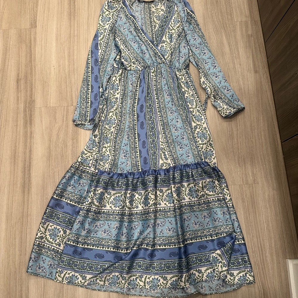 Zara Blue Ruffled Tiered Midi Dress with Bishop Sleeves